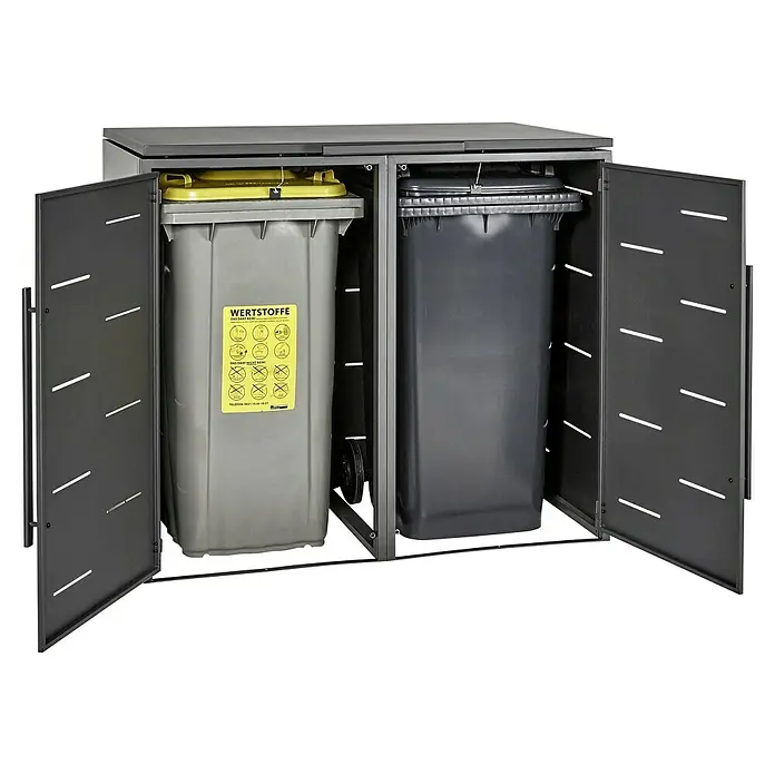 Sunfun Mülltonnenbox - Anthrazit, Stahl, Geeignet für Anzahl Mülltonnen: 2 Stk. - Mülltonnenbox mit zwei Mülltonnen. Die Box ist aus Metall gefertigt und verfügt über zwei separate Fächer für die Mülltonnen. Die Türen sind geöffnet.