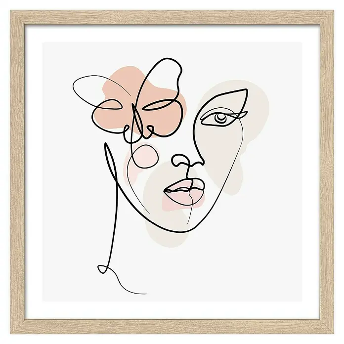 ProArt Bild Slim Scandic - Line Art Face II, B x H: 33 x 33 cm - Gerahmtes Kunstwerk mit einer minimalistischen, einlinigen Zeichnung eines Frauengesichts und einer stilisierten Blume im Haar.