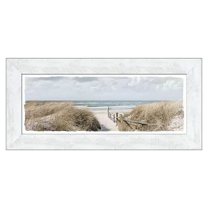ProArt Bild New Classic Wood - Way to Beach, B x H: 94 x 44 cm - Panoramischer Stranddruck in weißem, distressed Holzrahmen.