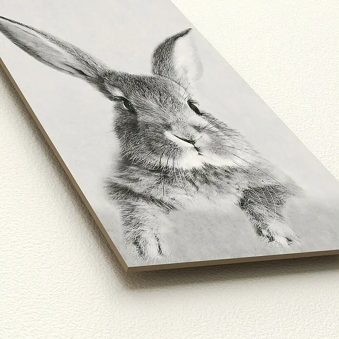ProArt Type Hype Decopanel - Rabbit, B x H: 15 x 30 cm - Nahaufnahme eines Hasenporträts auf einer Holztafel mit Blick auf die feinen Details und die weiche Textur des Fells.