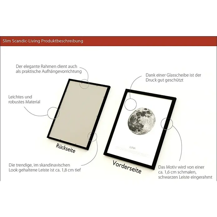 ProArt Bild Slim Scandic - Blue Moon, B x H: 33 x 43 cm - Produktbild eines Slim Scandic-Living Bilderrahmens, der sowohl Vorder- als auch Rückseite zeigt, mit schmaler, schwarzer Leiste.