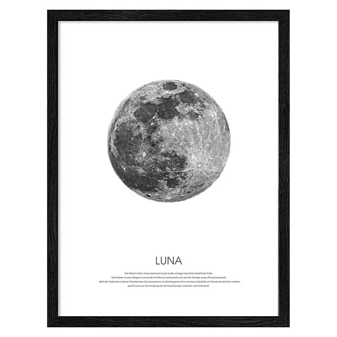 ProArt Bild Slim Scandic - Blue Moon, B x H: 33 x 43 cm - Schwarzer Rahmen mit einem Bild des Mondes und dem Wort "LUNA" darunter.