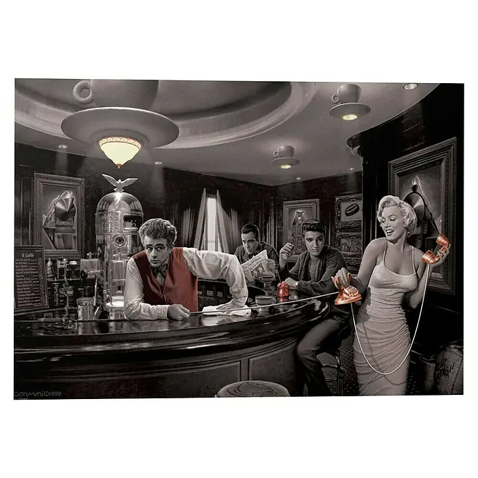 Reinders Decopanel - Chris Consani - Java Dreams, B x H: 140 x 100 cm - Ikonisches Diner-Szene mit Marilyn Monroe, James Dean und Elvis. Das Retro-Ambiente wird durch rote Akzente hervorgehoben.