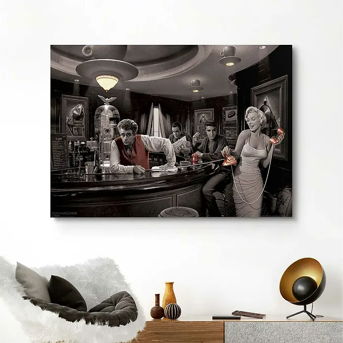 Reinders Decopanel - Chris Consani - Java Dreams, B x H: 140 x 100 cm - Schwarzweißes Leinwandbild mit Bar-Szene mit James Dean, Marilyn Monroe und Elvis Presley für eine stilvolle Wanddekoration.