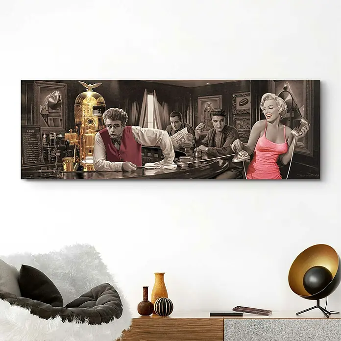Reinders Decopanel - Chris Consani - Java Dreams, B x H: 156 x 52 cm - Wandkunst-Leinwanddruck mit James Dean, Marilyn Monroe und Elvis Presley an einer Bar. Ein stilvolles und nostalgisches Kunstwerk für Ihr Zuhause.
