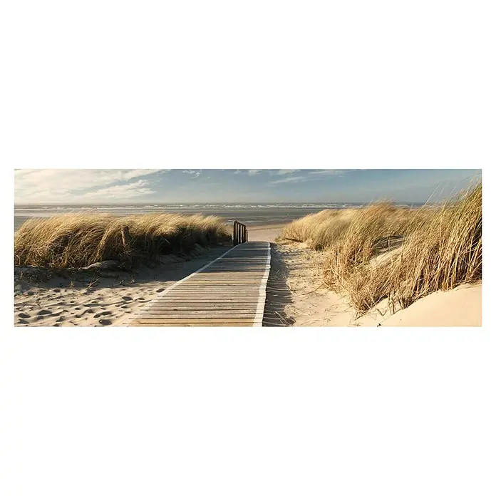 Reinders Holzbild Deco Block - Dunes, B x H: 118 x 40 cm - Holzsteg führt durch Sanddünen zum Strand. Das goldene Gras wiegt sich im Wind, während der Blick auf das Meer und den Horizont schweift.