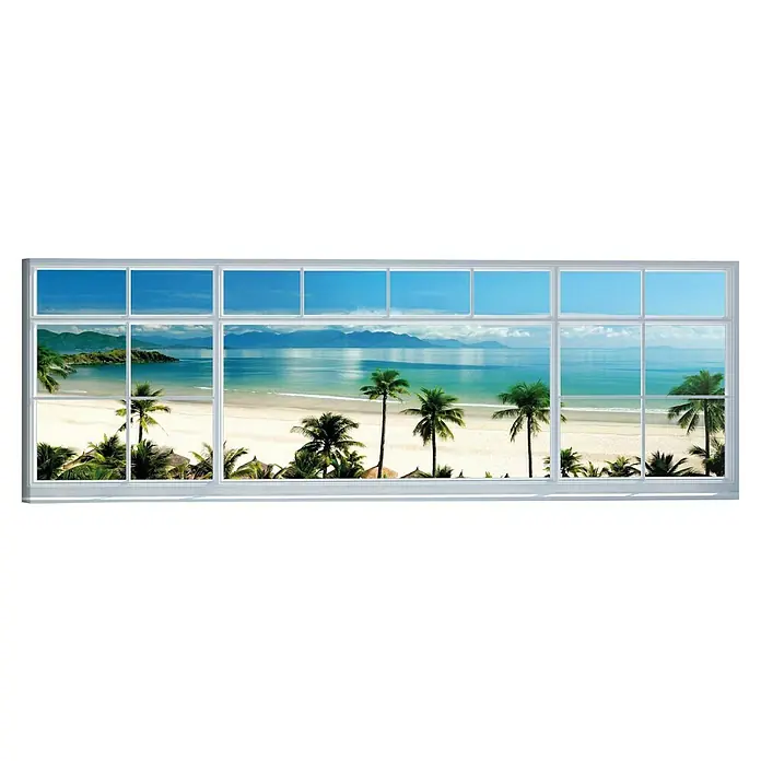 Reinders Holzbild Deco Block - Beach Window View, B x H: 118 x 40 cm - Blick aus einem Fenster auf einen tropischen Strand mit Palmen, blauem Meer und Bergen im Hintergrund. Das Fenster bietet eine malerische Aussicht.