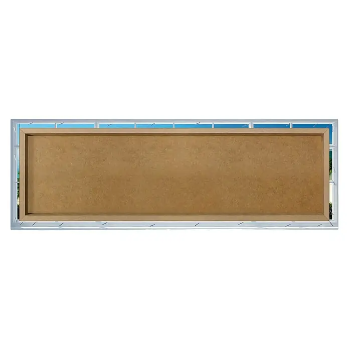 Reinders Holzbild Deco Block - Beach Window View, B x H: 118 x 40 cm - Eine rechteckige, braune MDF-Platte mit einem hellbraunen Holzrahmen vor einem Fenster mit Blick auf den blauen Himmel.