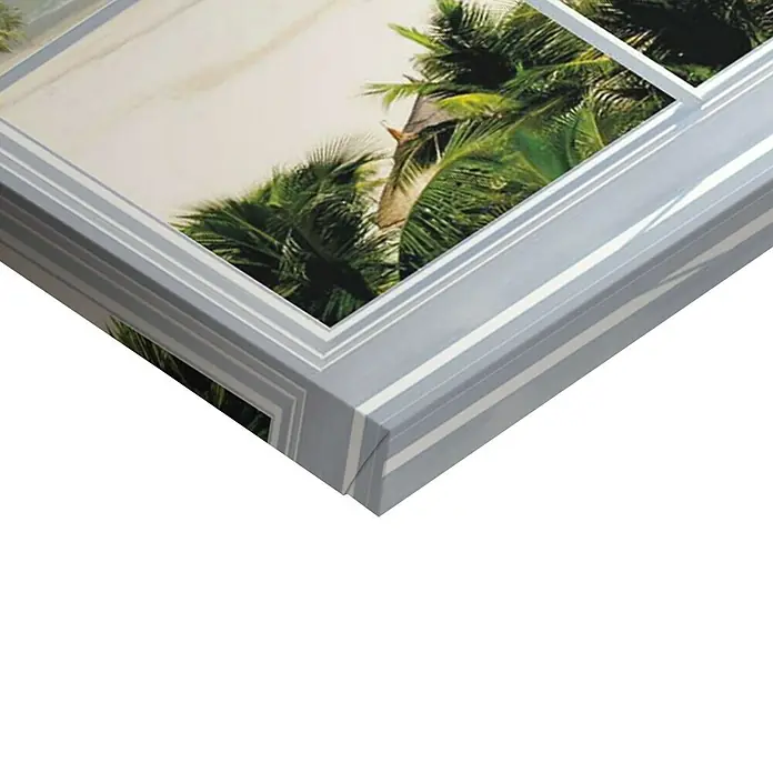 Reinders Holzbild Deco Block - Beach Window View, B x H: 118 x 40 cm - Nahaufnahme einer Leinwand mit einem tropischen Druck und einem dekorativen Rahmen, ideal für die Wandgestaltung.