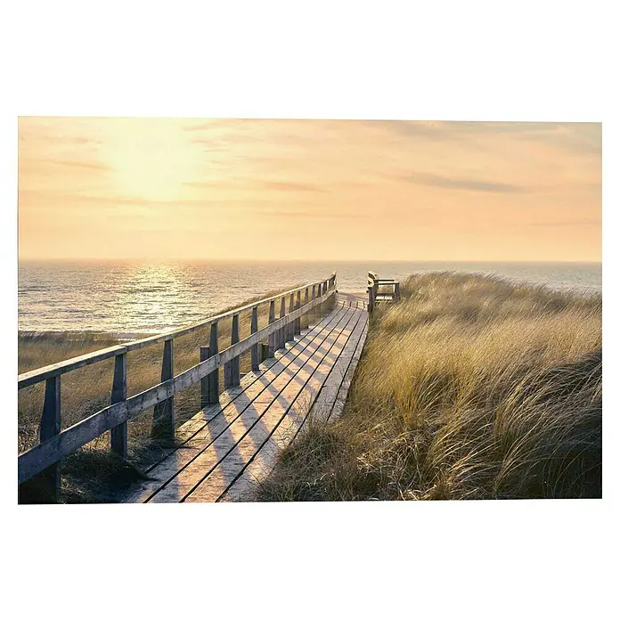 Reinders Decopanel - Way to The Sea, B x H: 90 x 60 cm - Ein Holzsteg führt zu einem friedlichen Strand, ideal für einen ruhigen Spaziergang bei Sonnenuntergang. Genießen Sie die Aussicht!