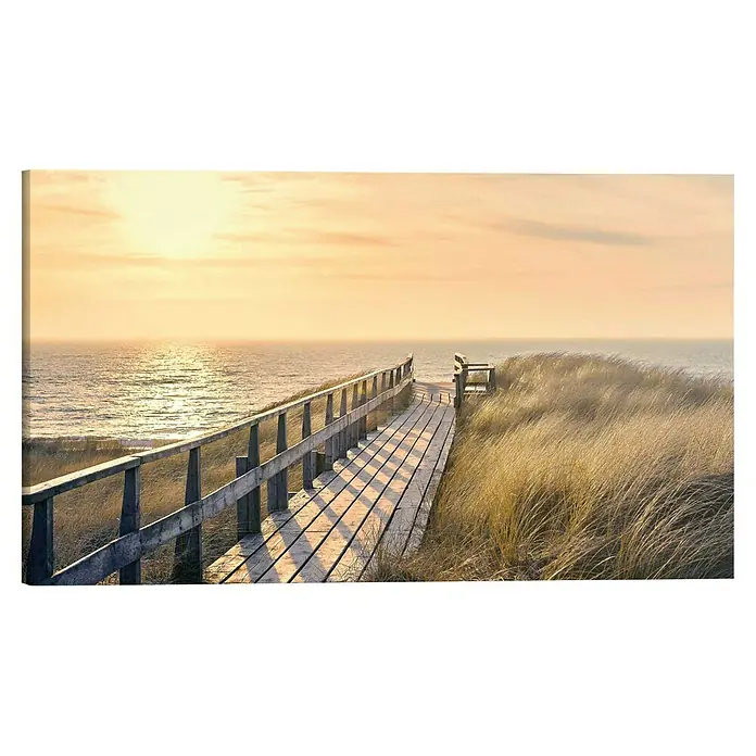 Reinders Holzbild Deco Block - Way to The Sea, B x H: 118 x 70 cm - Holzsteg am Meer bei Sonnenuntergang. Der Steg führt zu einer Bank, um die Aussicht und Ruhe zu genießen. Romantische und friedliche Atmosphäre.