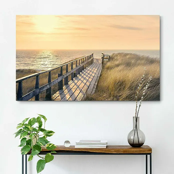 Reinders Holzbild Deco Block - Way to The Sea, B x H: 118 x 70 cm - Das Landschaftsgemälde mit Holzsteg, Düne und Meer fängt die Schönheit der Natur ein und bringt Ruhe in jeden Raum. Perfekt für entspannte Atmosphäre.