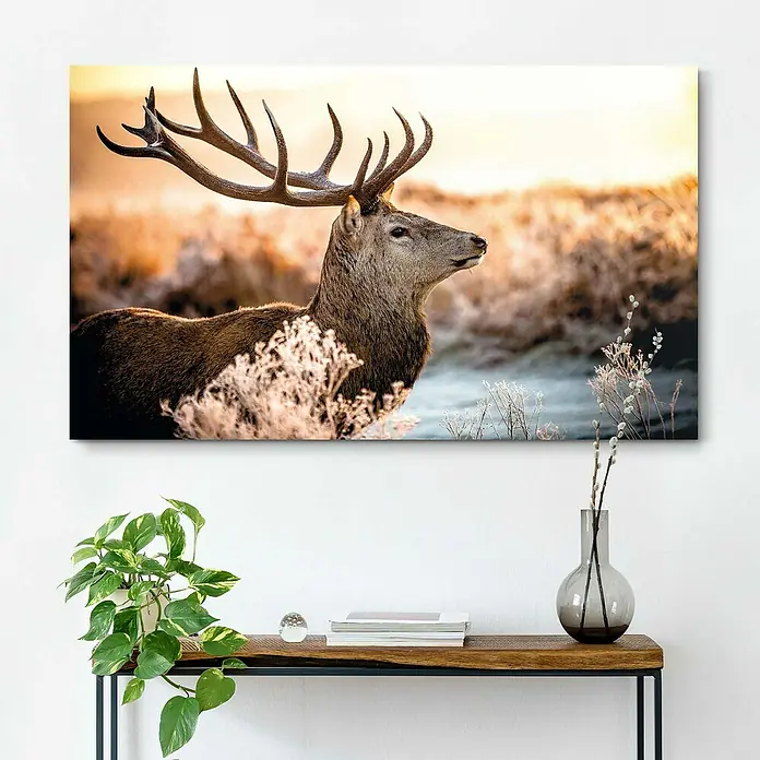 Reinders Holzbild Deco Block - Deer in Forest, B x H: 118 x 70 cm - Wandbild mit einem prächtigen Hirsch im Winterlicht. Eine elegante Dekoration für jeden Raum mit Wildtier-Motiven.