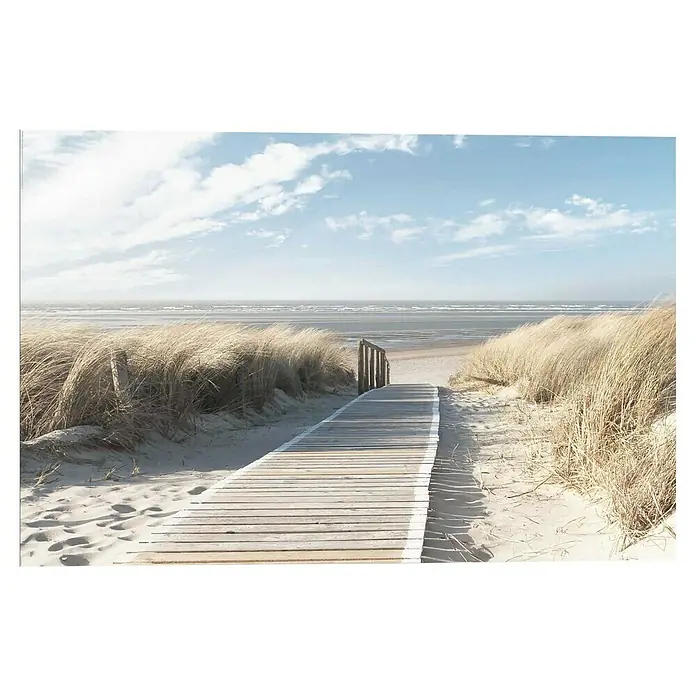 Reinders Decopanel - Dunes, B x H: 90 x 60 cm - Ein Holzsteg führt durch Dünen zum Strand unter einem hellblauen Himmel. Die sanften Farben vermitteln Ruhe und laden zum Verweilen ein.
