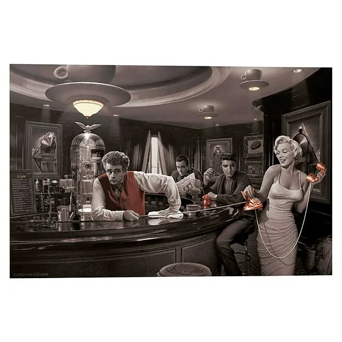 Reinders Decopanel - Chris Consani - Java Dreams, B x H: 90 x 60 cm - Schwarz-Weiß-Bild mit Marilyn Monroe, James Dean und Elvis Presley in einem Retro-Café mit rotem Telefon.