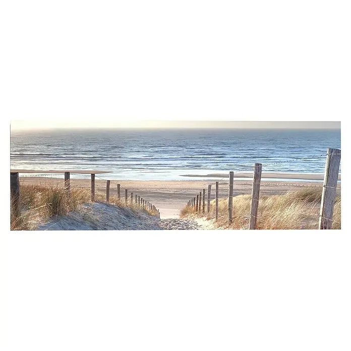 Reinders Decopanel - Dune Path I, B x H: 156 x 52 cm - Ein sandiger Weg, gesäumt von Pfosten und Draht, führt zum ruhigen Meer. Gräser säumen den Weg und verleihen der Szene eine natürliche Schönheit.