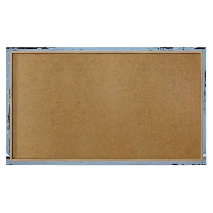 Reinders Holzbild Deco Block - Beach Shutters, B x H: 118 x 70 cm - Nahaufnahme einer braunen Korktafel mit blauem Rahmen, ideal für Notizen und Präsentationen im Büro oder zu Hause.