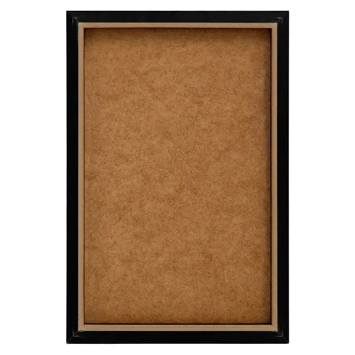Reinders Bild Slim Frame BlackKarma, B x H: 20 x 30 cm - Nahaufnahme eines schwarzen Bilderrahmens mit einer hellbraunen Holzplatte, ideal für Fotos, Kunstwerke oder Spiegel.