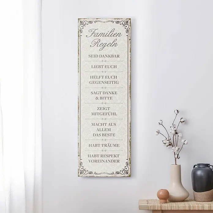 Reinders Decopanel - Familienregeln, B x H: 30 x 90 cm - Dekoratives Wandbild mit dem Aufdruck "Familien Regeln", das die wichtigsten Werte und Regeln für ein harmonisches Familienleben hervorhebt.