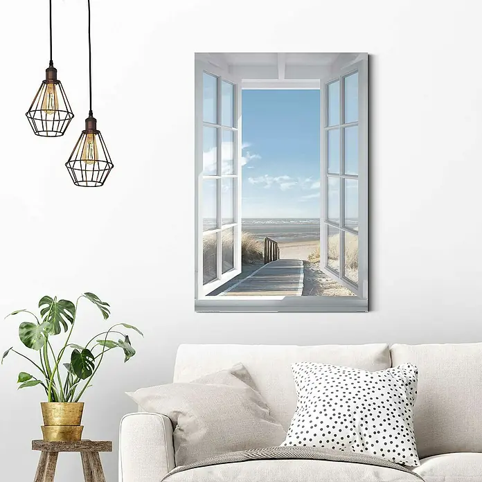 Reinders Decopanel - Northsea Window, B x H: 60 x 90 cm - Ein Wandbild mit einem Fenster zum Strand, das die Illusion eines offenen Fensters mit Meerblick erzeugt und dem Raum eine entspannte Atmosphäre verleiht.
