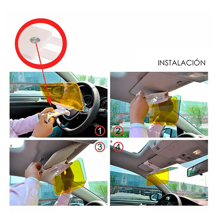 Parasol para el coche Perfect View - An x Al: 320 x 110 mm - Instrucciones de instalación de una pantalla amarilla antideslumbrante para coches. La pantalla se engancha al parasol.