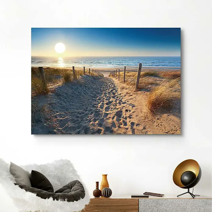 Reinders Decopanel - Dune Path, B x H: 140 x 100 cm - Ein Leinwandbild mit einem sonnigen Strandweg, der sich ideal für eine entspannende Atmosphäre in Ihrem Zuhause eignet.
