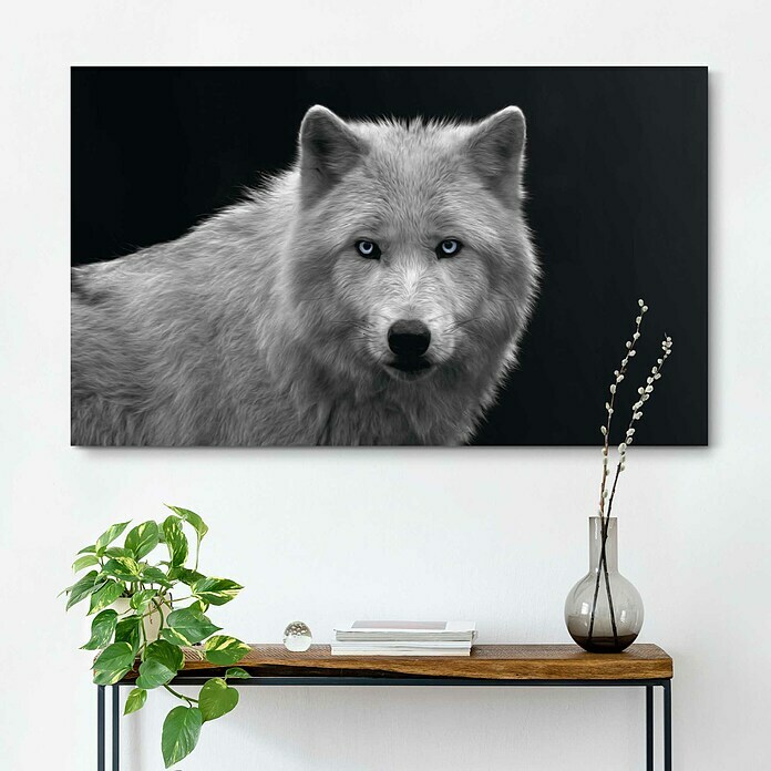 Holzbild Deco BlockWhite Wolf - Blue Eyes, B x H: 118 x 70 cm Mood Shot