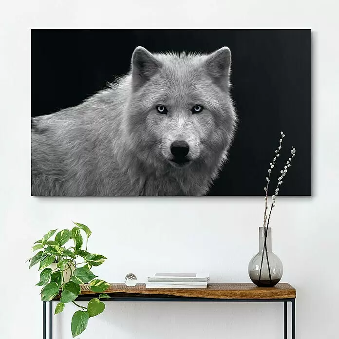 Reinders Holzbild Deco Block - White Wolf - Blue Eyes, B x H: 118 x 70 cm - Stimmungsaufnahme