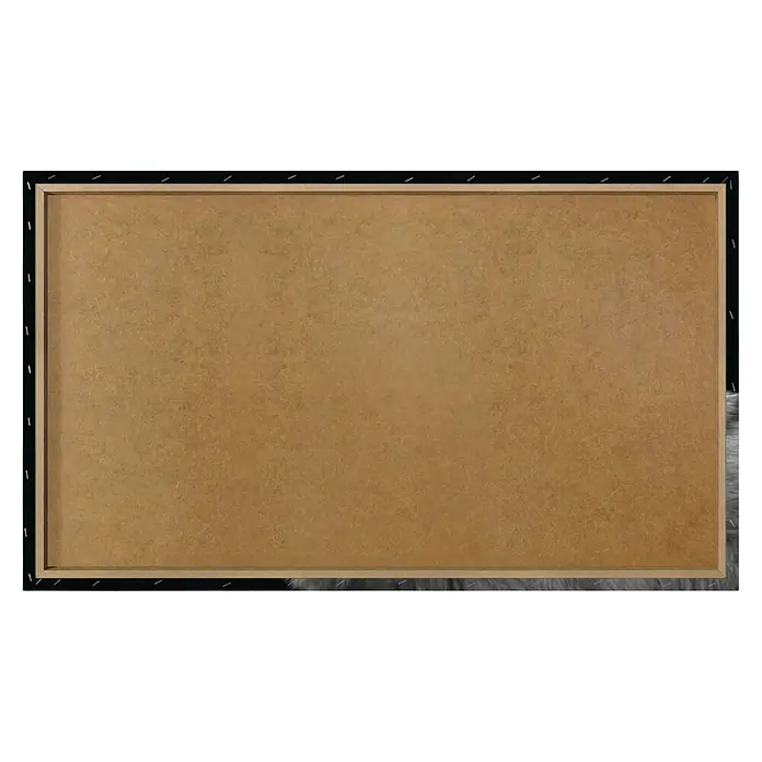 Reinders Holzbild Deco Block - White Wolf - Blue Eyes, B x H: 118 x 70 cm - Rückseite einer braunen Leinwand mit schwarzem Rahmen und Klammern. Ideal zum Malen und Gestalten.