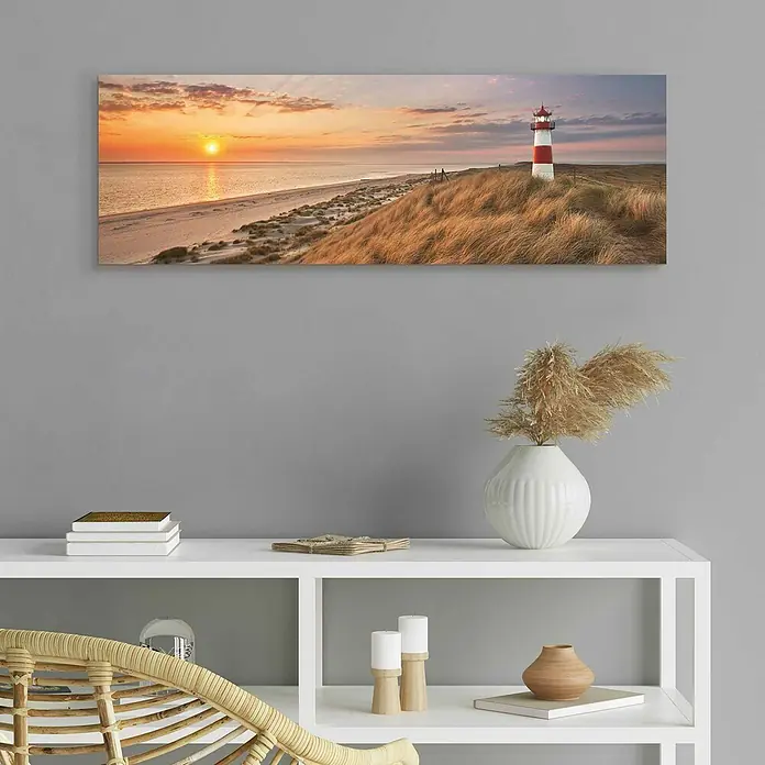 Reinders Decopanel - Lighthouse Sunset, B x H: 90 x 30 cm - Wandbild mit Leuchtturm bei Sonnenuntergang. Eine stimmungsvolle Dekoration für Ihr Zuhause, die Ruhe und Weite ausstrahlt.