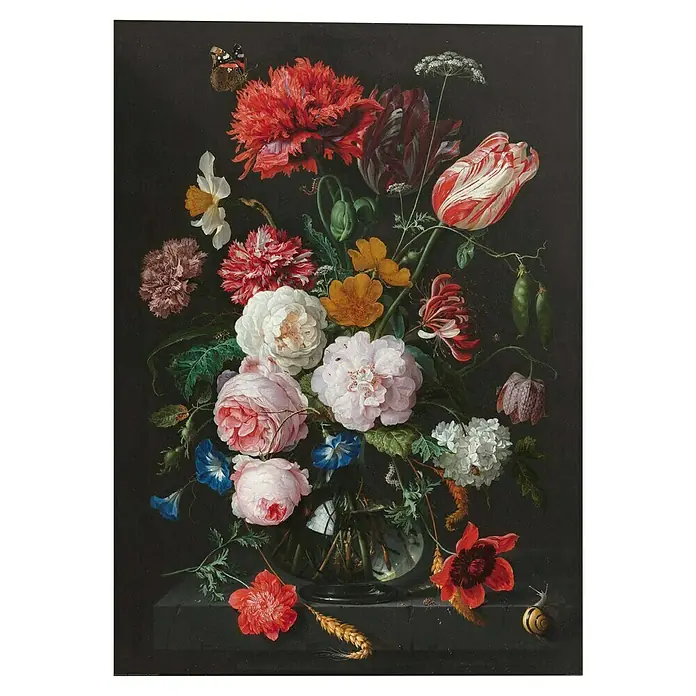 Reinders Decopanel - De Heem - Stil Life with Flowers in a Glass Vase, B x H: 100 x 140 cm - Stillleben-Gemälde mit lebendigen Blumen in einer Glasvase vor dunklem Hintergrund, das eine reiche Farbpalette und komplizierte Details zeigt.