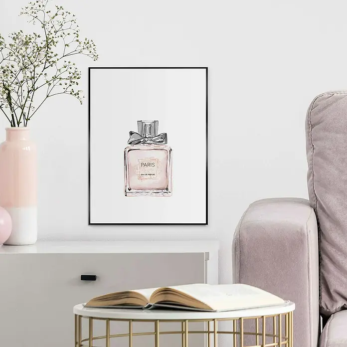 Reinders Bild Slim Frame BlackPerfume Bottle, B x H: 30 x 40 cm - Elegantes Wandbild mit rosa Parfumflasche "Paris Eau de Parfum" in einem schwarzen Rahmen, das jedem Raum einen Hauch von Luxus verleiht.