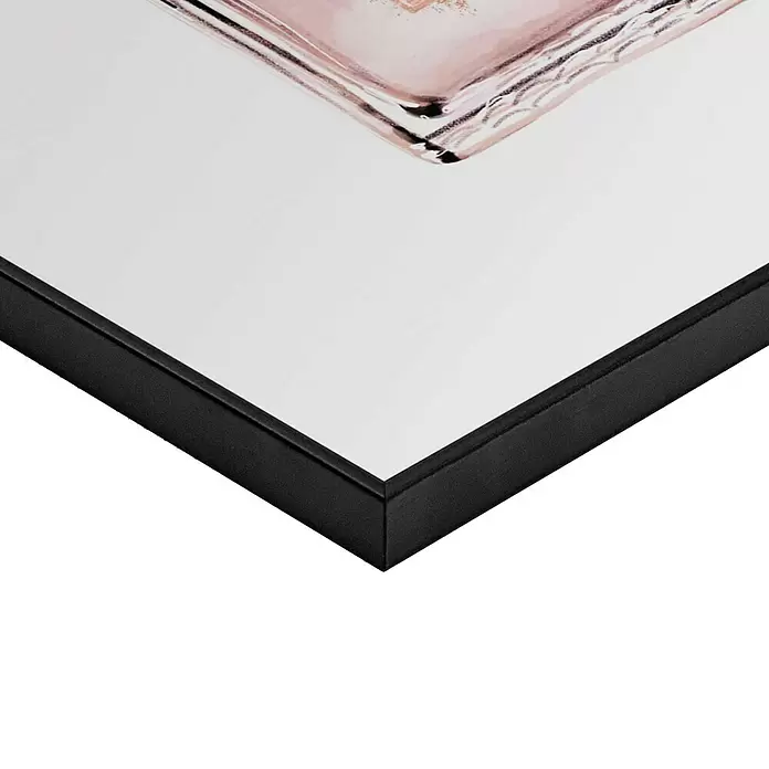 Reinders Bild Slim Frame Black - Perfume Bottle, B x H: 30 x 40 cm - Ecke eines schwarzen Bilderrahmens mit Nahaufnahme eines abstrakten pinkfarbenen Kunstwerks.