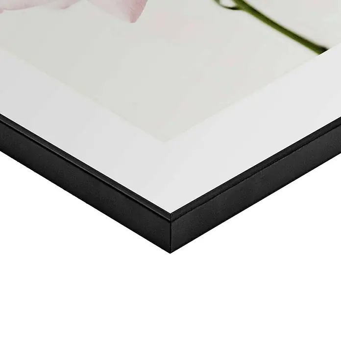 Reinders Bild Slim Frame Black - Pink Rose, B x H: 30 x 40 cm - Detailaufnahme eines gerahmten Bildes mit einem eleganten, schwarzen Rahmen und weißem Passepartout, das die Kunst stilvoll hervorhebt.