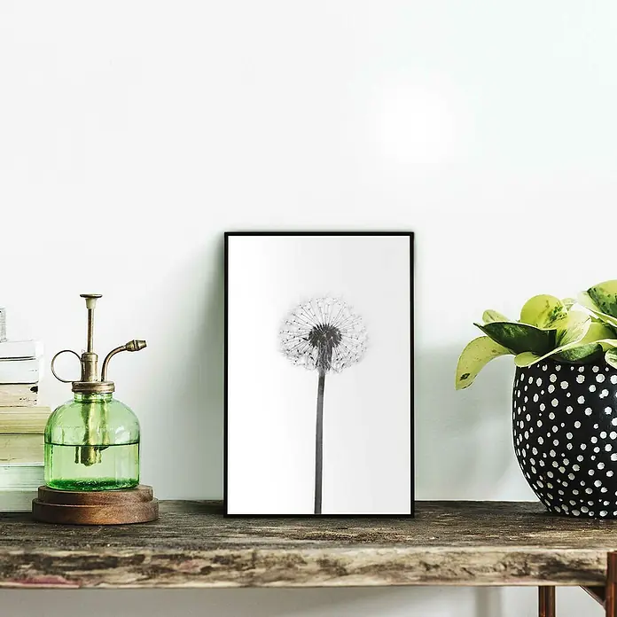 Reinders Bild Slim Frame Black - Dandelion Grey, B x H: 20 x 30 cm - Nahaufnahme eines gerahmten Löwenzahn-Drucks auf einem rustikalen Holztisch mit Dekorationen.