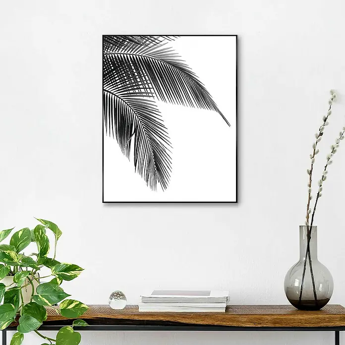 Reinders Bild Slim Frame Black - Palm Leaf, B x H: 40 x 50 cm - Schwarze und weiße botanische Kunstdrucke mit Schatten für einen minimalistischen Look. Als Wandkunst für Wohnzimmer oder Schlafzimmer geeignet.