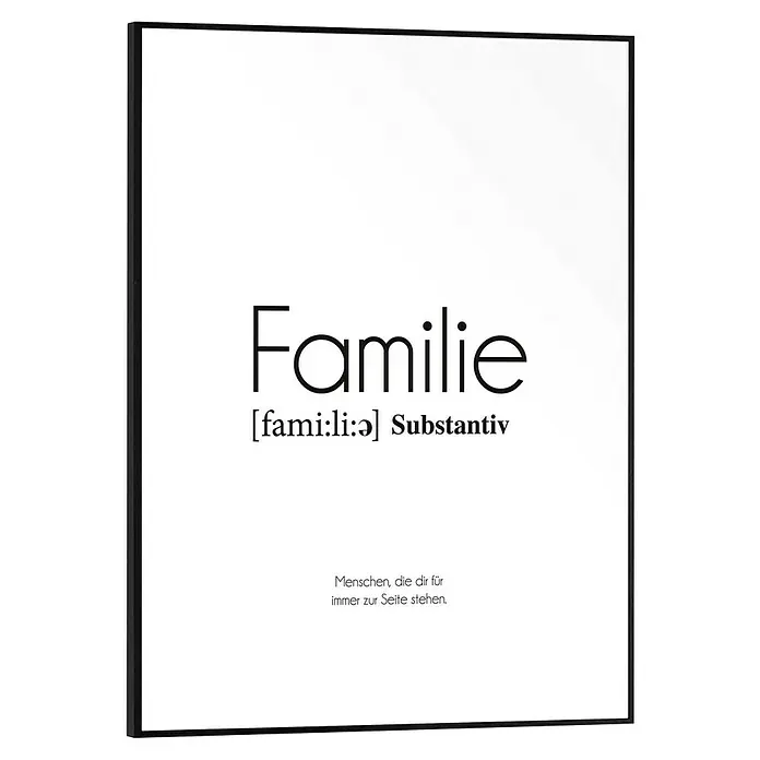 Reinders Bild Slim Frame Black - Familie, B x H: 30 x 40 cm - Poster mit der Definition von "Familie" in Deutsch, einschließlich Aussprache und einer bedeutungsvollen Beschreibung.
