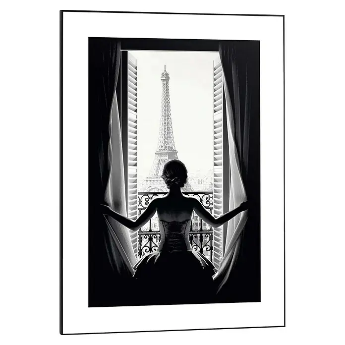 Reinders Bild Slim Frame Black - Paris Balcony, B x H: 50 x 70 cm - Schwarzer Bilderrahmen mit einem Schwarz-Weiß-Foto einer Frau, die auf den Eiffelturm blickt, ein stilvolles Dekorationsstück.