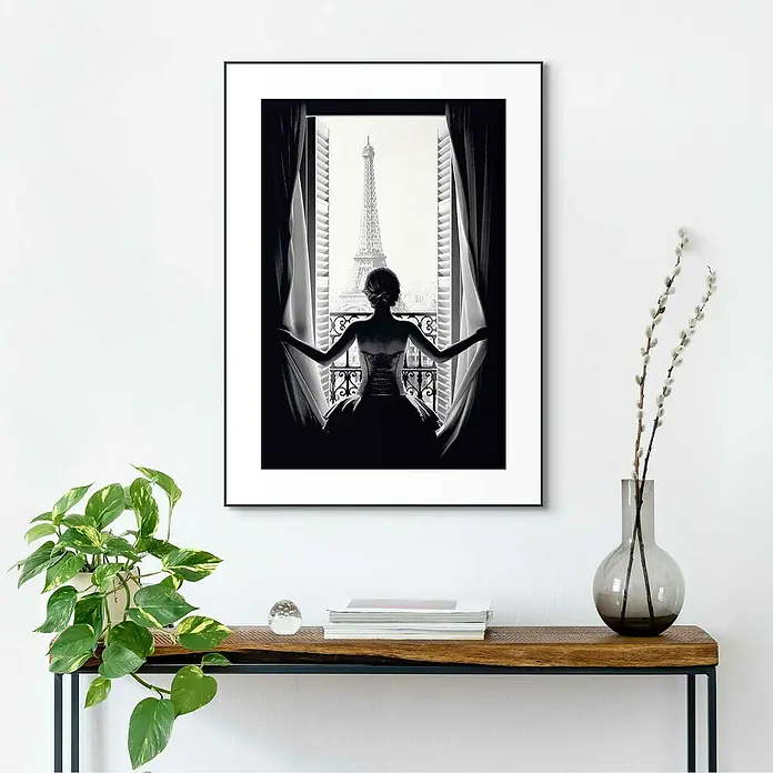 Reinders Bild Slim Frame Black - Paris Balcony, B x H: 50 x 70 cm - Elegantes gerahmtes Bild einer Frau mit Blick auf den Eiffelturm. Stilvolle Wanddekoration für ein raffiniertes Ambiente.