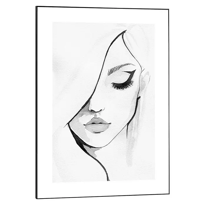 Reinders Bild Slim Frame Black - Female, B x H: 50 x 70 cm - Schwarz-Weiß-Gemälde einer Frau mit geschlossen Augen und stilvollem Eyeliner in einem schlichten Rahmen, der das Kunstwerk hervorhebt.