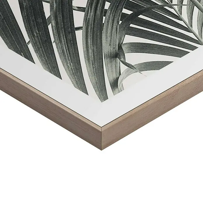 Reinders Bild Slim Frame WoodPalm Leafs, B x H: 30 x 40 cm - Nahaufnahme einer gerahmten Wandkunst mit botanischem Druck in Schwarzweiß und einem schmalen Holzrahmen.
