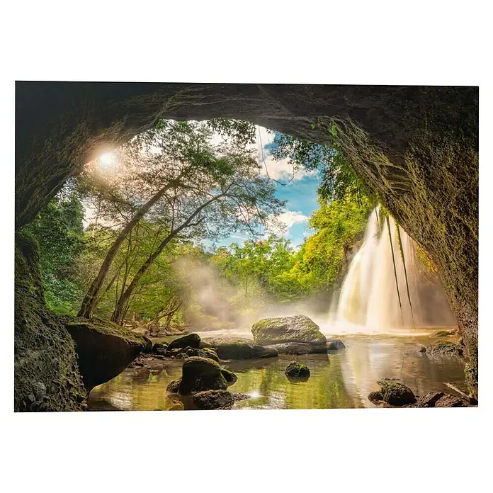 Reinders Decopanel - Cave View, B x H: 140 x 100 cm - Atemberaubender Wasserfall in einer Höhle, üppige Vegetation und ruhiges Wasser schaffen eine malerische Naturlandschaft.