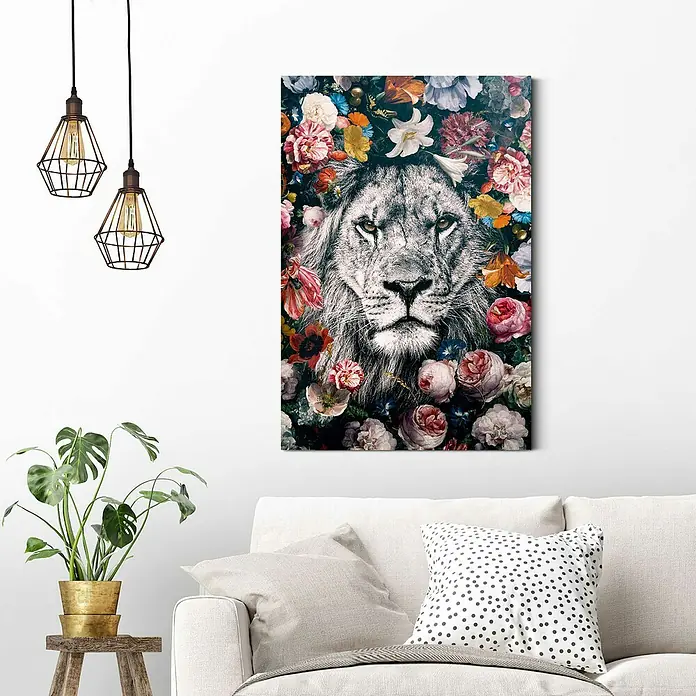 Reinders Decopanel - Lion Flowers, B x H: 60 x 90 cm - Löwen-Blumen-Wandbild. Elegantes Wandbild mit einem Löwen umgeben von Blumen, verleiht jedem Raum eine künstlerische Note.