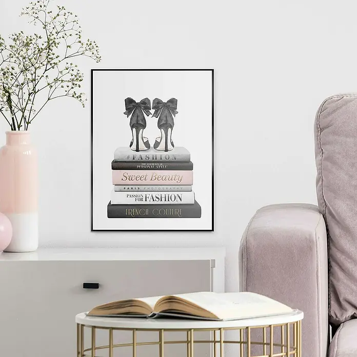 Reinders Bild Slim Frame Black - Fashion Books, B x H: 30 x 40 cm - Stilvolles Fashion-Poster mit High Heels auf Büchern, ein elegantes Wandbild für Modebegeisterte.