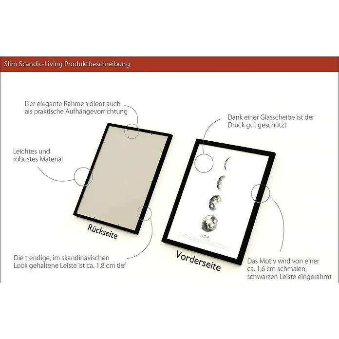 ProArt Bild Slim Scandic - Moon Phases, B x H: 33 x 43 cm - Produktdetailansicht eines Slim Scandic-Living Bilderrahmens, der Vorder- und Rückseite zeigt. Der Rahmen hat eine schmale, schwarze Leiste.