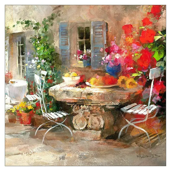 ProArt Leinwandbild - Beautiful Garden, B x H: 50 x 50 cm - Impressionistisches Gemälde eines Gartentisches mit Blumen und Obst, umgeben von Stühlen, vor einem Gebäude mit Fensterläden.
