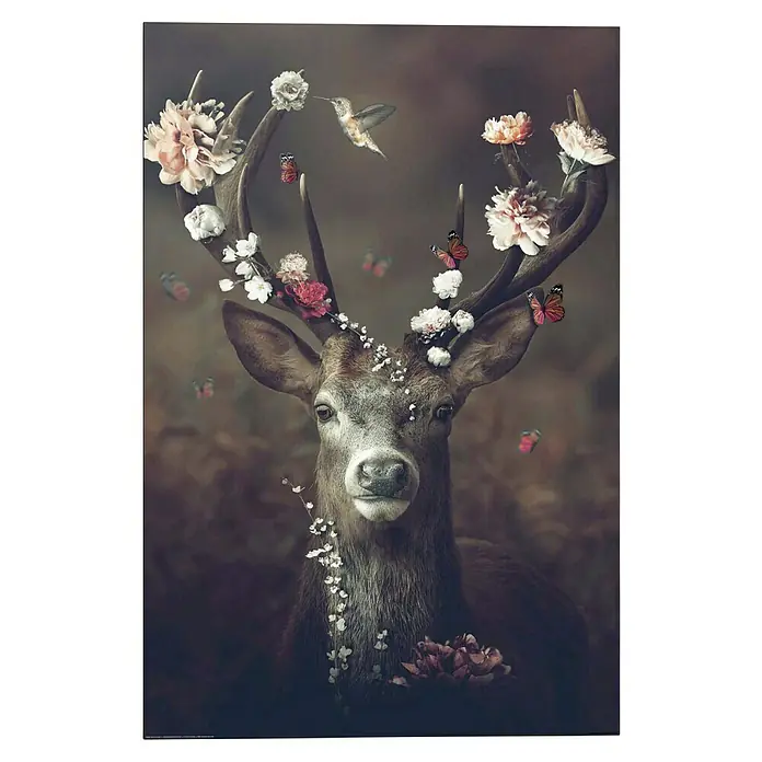Reinders Decopanel - Fauna Flora Deer, B x H: 60 x 90 cm - Elegantes Hirsch-Wandbild mit Blumen und Schmetterlingen verziert, eine perfekte Dekoration für jeden Raum und ein Blickfang für Kunstliebhaber.