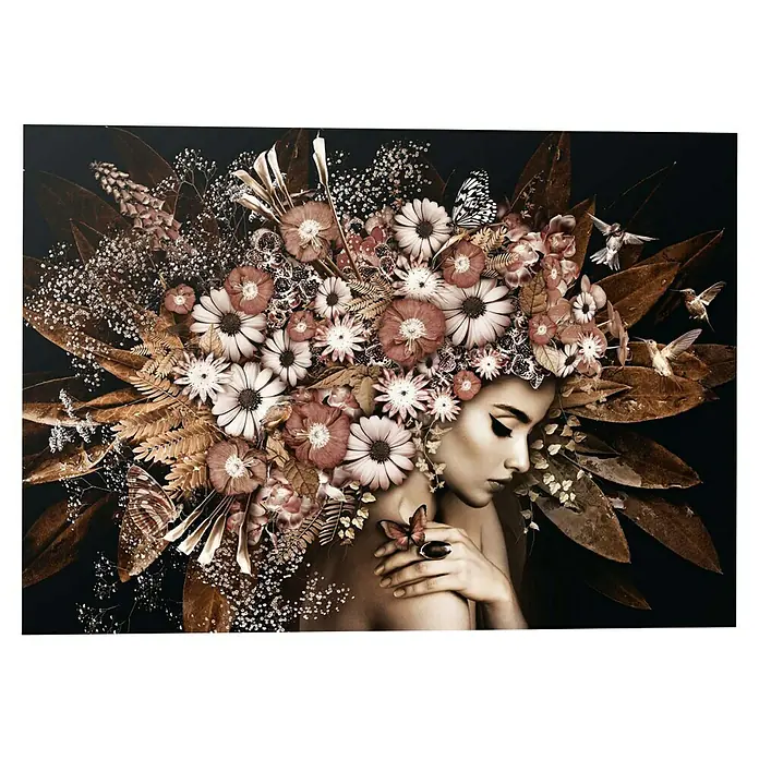 Reinders Decopanel - Flower Explosion, B x H: 140 x 100 cm - Elegantes Frauenporträt mit floralem Kopfschmuck, Schmetterlingen und Kolibris vor dunklem Hintergrund. Ein Schmuckstück der Natur.