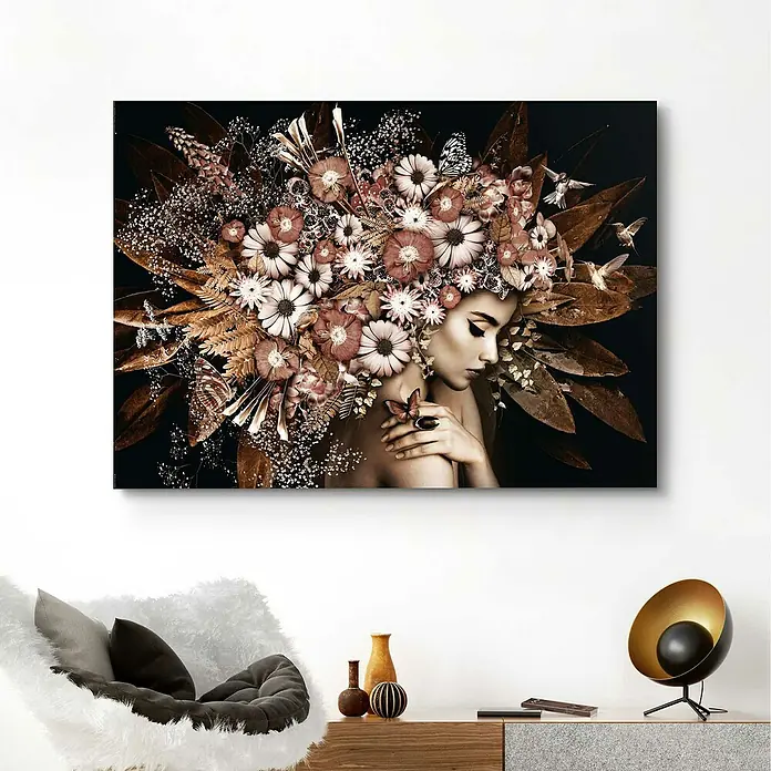 Reinders Decopanel - Flower Explosion, B x H: 140 x 100 cm - Ein atemberaubendes Wandbild mit einer Frau, deren Haar mit Blumen, Blättern und Schmetterlingen geschmückt ist, für eine elegante Raumgestaltung.