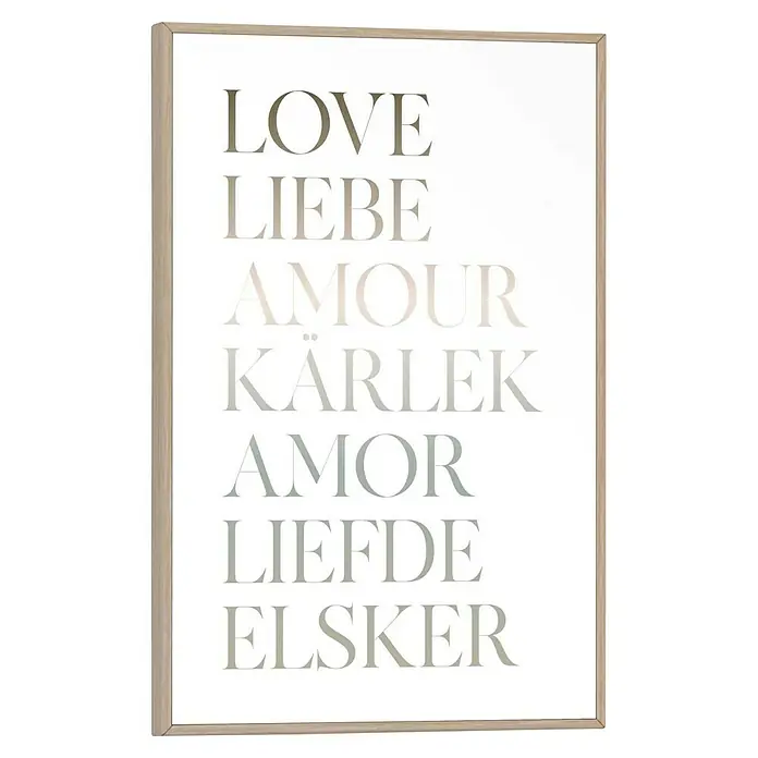 Reinders Bild Slim Frame Wood - Love, B x H: 20 x 30 cm - Stilvolles Wandbild mit dem Wort "Liebe" in verschiedenen Sprachen, gerahmt und bereit, jeden Raum mit positiver Energie zu erfüllen.
